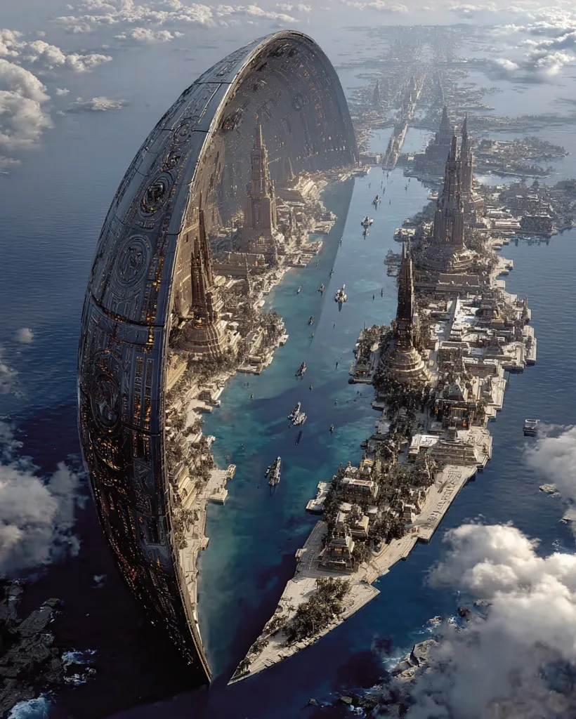 A colossal, curved megastructure, resembling a massive spaceship, dominates the image, partially submerged in an ocean.  A sprawling, ancient-looking city stretches along its length and continues beyond, extending into a canal-like waterway.  Ships sail along the canal, connecting various parts of the city. The scene evokes a futuristic, possibly post-apocalyptic, or utopian civilization.  Clouds and ocean surround the breathtaking structure.
