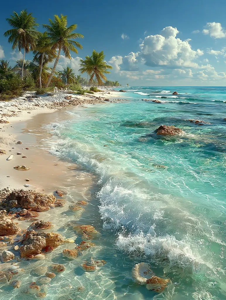 A pristine beach scene unfolds under a vibrant blue sky.  Turquoise water washes ashore, creating gentle waves that break on the white sand. Lush palm trees line the shore, providing shade.  Rocks and coral are visible in the shallow, crystal-clear water, adding texture to the idyllic tropical paradise.  The overall impression is one of tranquility and natural beauty.