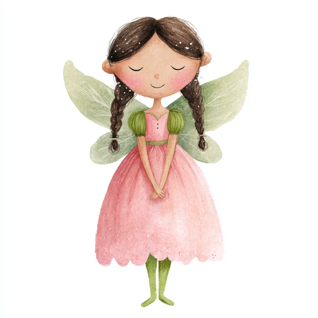 A watercolor illustration of a sweet fairy. She has brown hair in braids, light skin, and wears a pale pink dress with green sleeves and matching green leggings.  Her delicate wings are a soft green.  Her eyes are closed, and her hands are clasped in front of her, suggesting a peaceful and gentle nature.  The overall style is whimsical and charming.