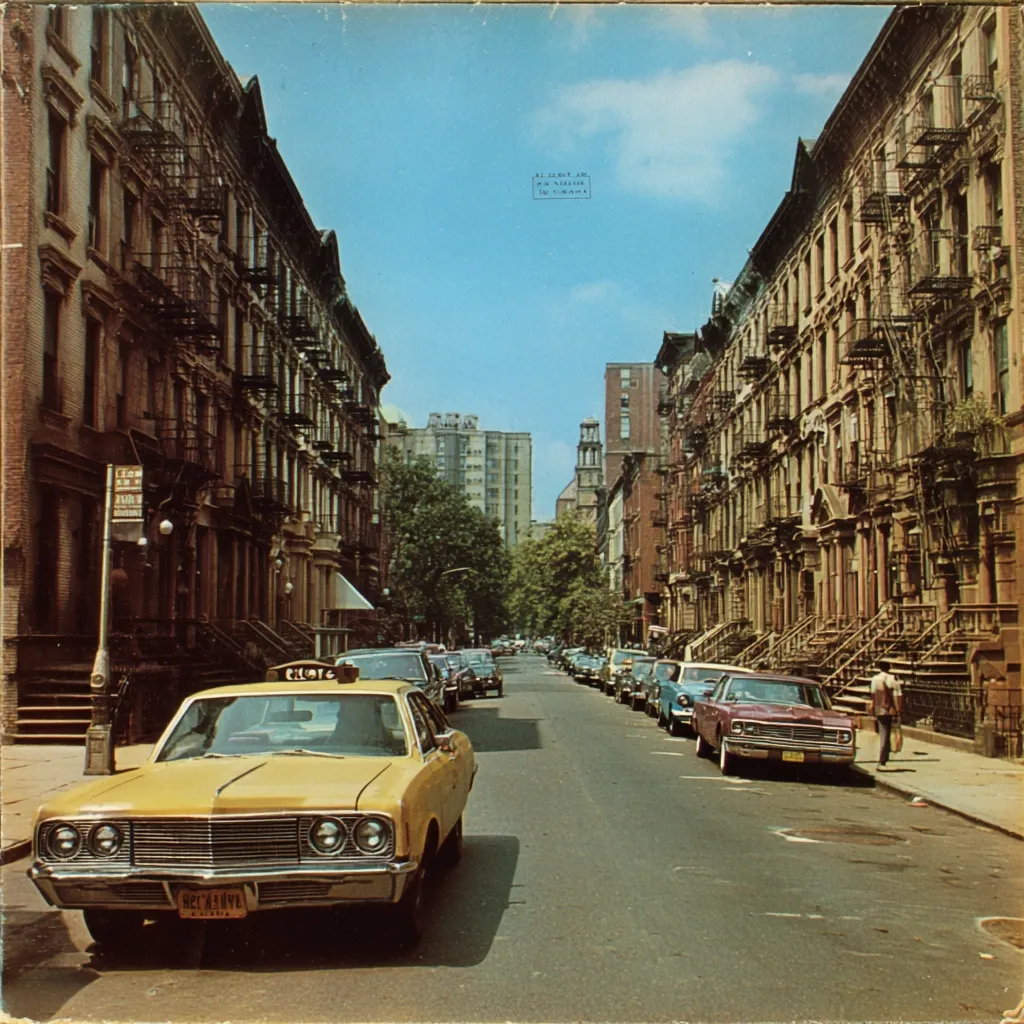 A vintage postcard depicts a sunny New York City street scene.  Tall, narrow brick townhouses line both sides of the road, fire escapes clinging to their facades.  A yellow Checker cab sits prominently in the foreground, with other cars parked along the street.  Trees provide shade, and the sky is a clear blue.  The overall atmosphere is one of quiet urban life in a bygone era.