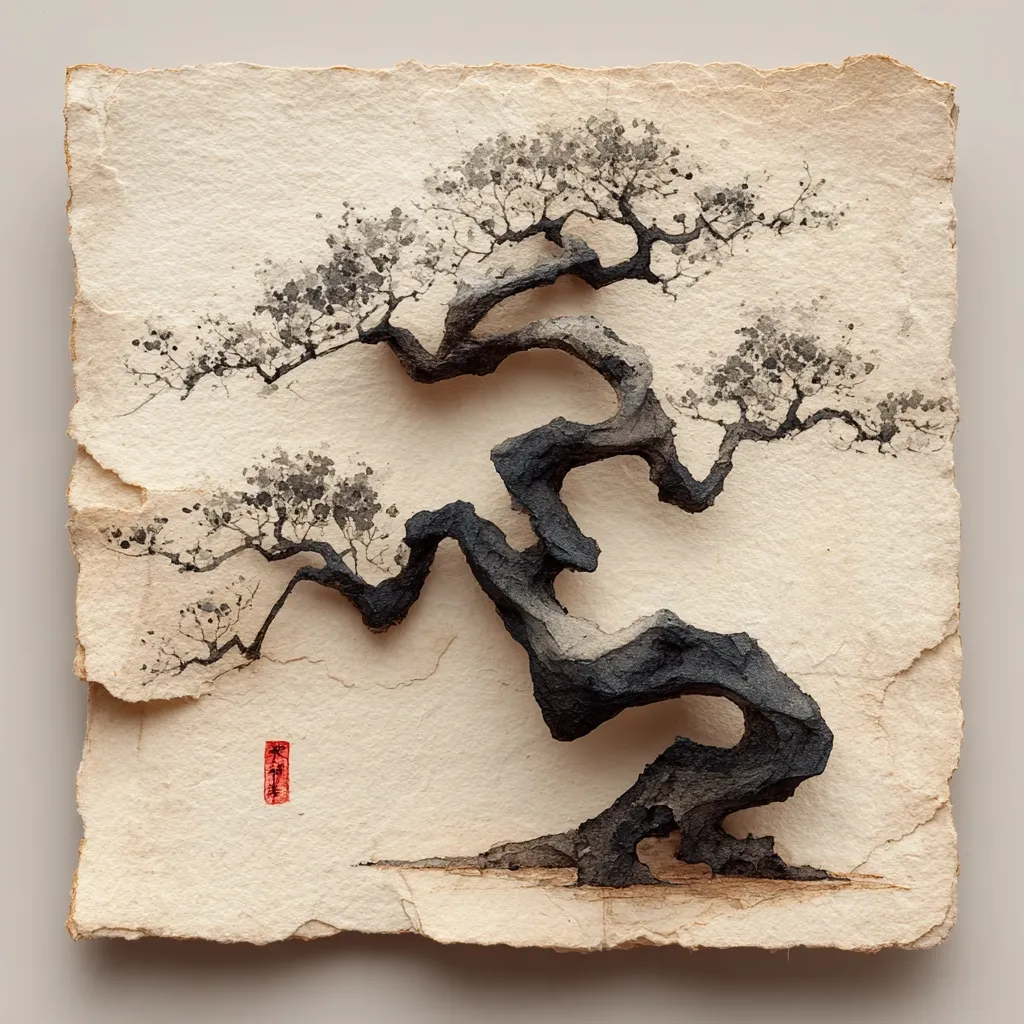 A striking artwork depicts a stylized bonsai tree rendered in grayscale. The tree's trunk and branches are sculpted with a textured, dark gray material, creating a three-dimensional effect against the beige, textured paper background.  Delicate ink washes suggest foliage, enhancing the artistic representation of the tree.  A small red stamp is subtly placed near the base, adding to the piece's Eastern aesthetic.  The irregular edges of the paper contribute to the overall rustic and artistic feel.