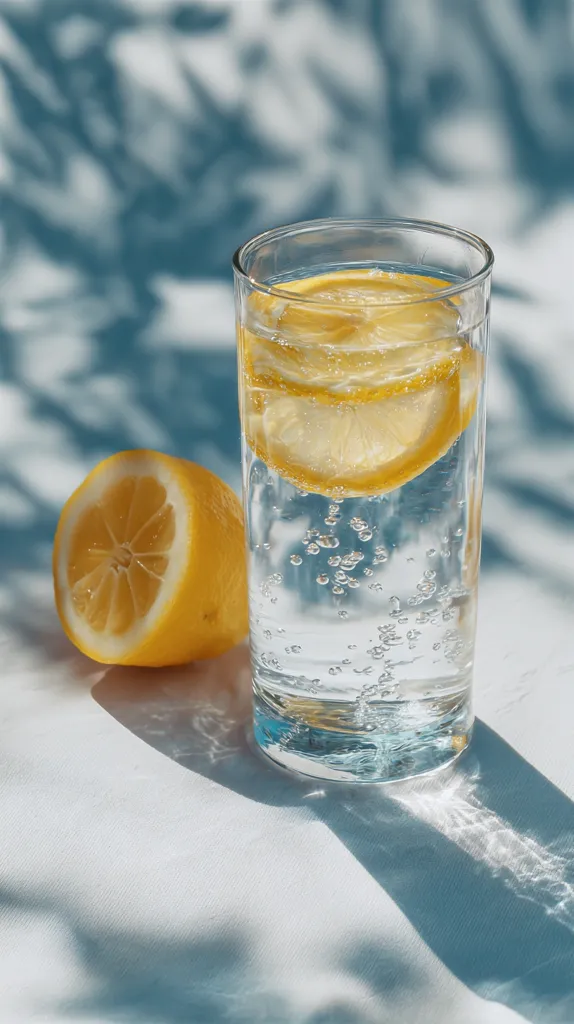 A glass of sparkling water with lemon slices sits on a white surface, bathed in dappled sunlight.  A lemon half rests beside the glass, adding to the refreshing summer scene. The bubbles in the water are visible, and the shadows cast by leaves enhance the tranquil atmosphere.  The overall image is bright, clean, and evokes a feeling of coolness and refreshment.