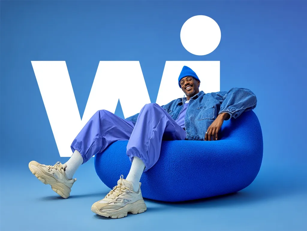 A smiling Black man wearing a denim jacket, purple pants, and a blue beanie sits relaxed in a bright blue beanbag chair against a blue background.  Large white letters “Wi” are partially visible behind him. He wears beige chunky sneakers and appears comfortable and content. The overall aesthetic is modern and vibrant.