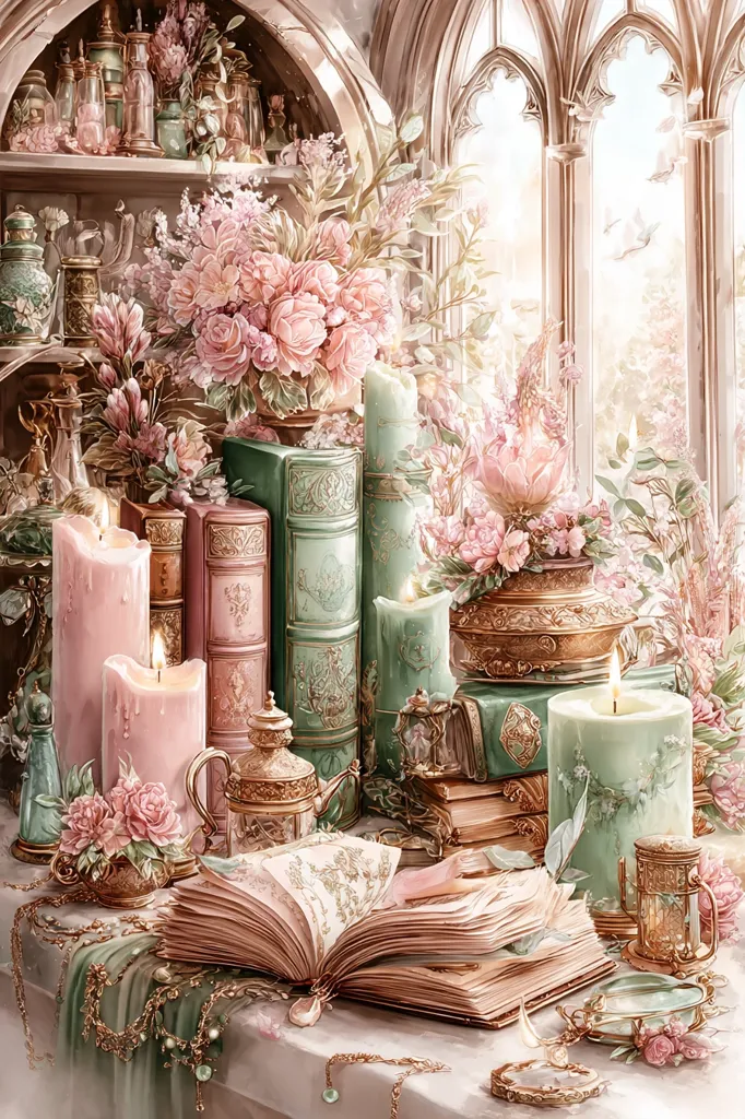 A whimsical scene unfolds near a sunlit gothic window.  Pink and mint green candles flank antique books adorned with ornate detailing.  A bouquet of delicate pink roses sits atop an elegant gold container, complementing the overall pastel palette.  Ornate teapots, jewelry, and an open book add to the enchanting, magical atmosphere of the still life.  Shelves filled with glass bottles hint at a potion-making haven.