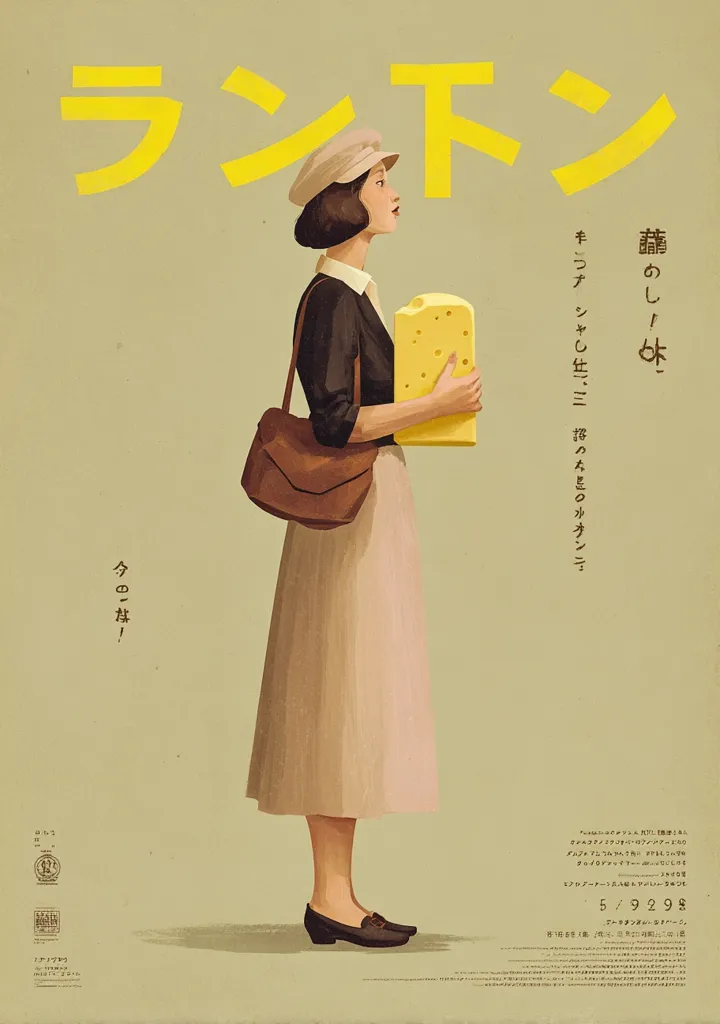 A woman in a beige dress and brown shoes holds a large block of cheese.  She wears a newsboy cap and carries a brown satchel.  The poster's title, "ラントン," is displayed prominently in yellow Japanese characters, along with additional text in Japanese suggesting a film or play. The overall aesthetic is minimalist and retro.