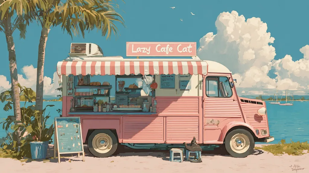 A charming illustration depicts a pink food truck, "Lazy Cafe Cat," parked by a tranquil beach. Palm trees sway gently in the background under a bright blue sky with fluffy white clouds. The truck offers pastries, drinks, and snacks, with a menu displayed on a chalkboard. A relaxed atmosphere pervades the scene, creating a peaceful and inviting coastal cafe experience.  Sailboats dot the calm ocean in the distance.