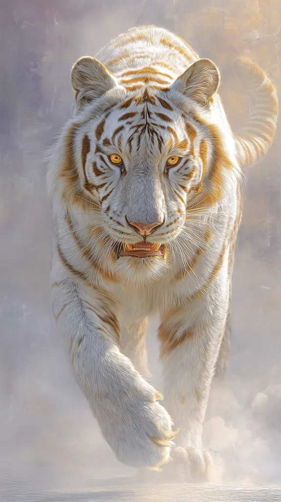 A majestic white tiger with striking amber eyes strides forward, its powerful paws delicately placed.  The tiger's creamy white fur is accented with subtle, golden-hued stripes.  A misty atmosphere surrounds the creature, enhancing its ethereal beauty and regal presence.  The image evokes a sense of mystery and power, capturing the tiger's innate grace and wild nature.