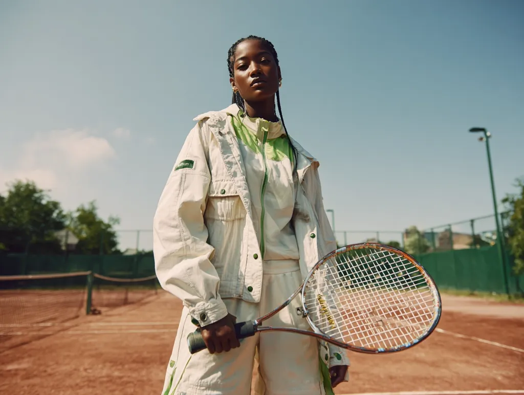A young Black woman stands on a tennis court, holding a tennis racket.  She wears a cream-colored tracksuit with green accents.  The sun shines brightly, and the court is clay.  Her expression is serious and confident. The overall aesthetic is stylish and sporty, possibly for a fashion campaign.