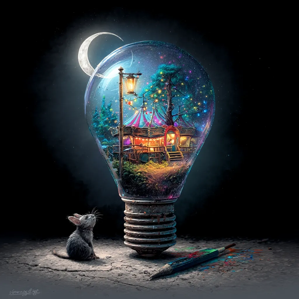 A whimsical digital artwork depicts a giant lightbulb containing a miniature nighttime carnival scene under a crescent moon.  A small mouse sits below, gazing upwards.  The bulb rests on a textured surface near a paintbrush, suggesting artistic creation.  The overall mood is magical and dreamlike, blending fantasy and reality.