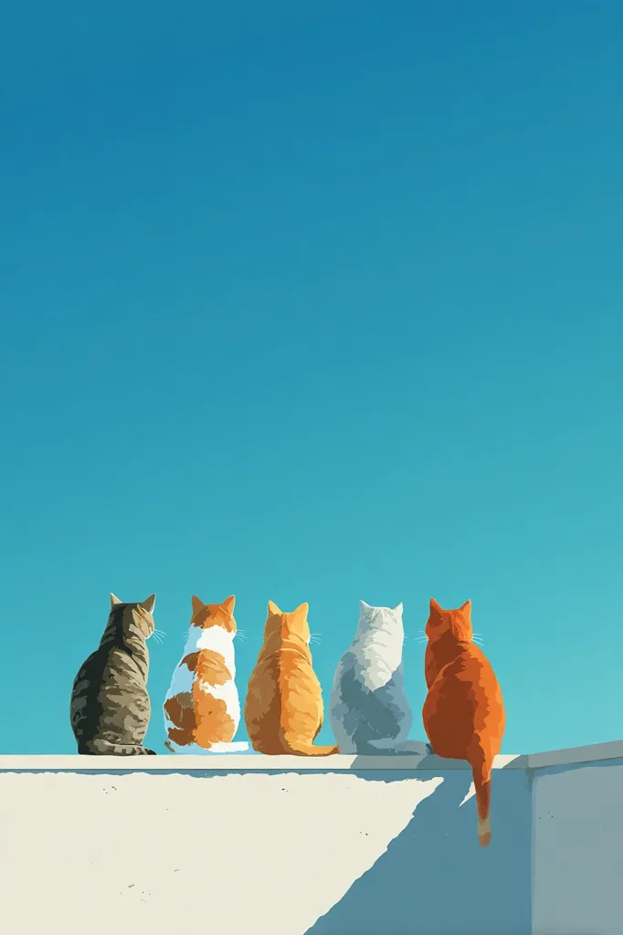 Five cats sit side-by-side on a low white wall against a vibrant blue sky.  Their backs are to the viewer, showcasing a variety of colors and patterns: gray tabby, calico, orange tabby, white, and a darker orange. The scene is simple yet evocative, with the cats' peaceful posture contrasting against the vast, clear sky.  The overall style is minimalist and serene.