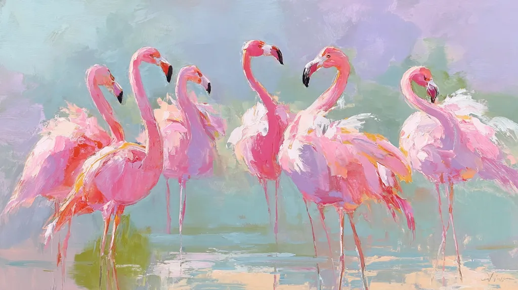 A vibrant oil painting depicts six flamingos in varying poses, their pink plumage rendered with expressive brushstrokes.  The background is a soft, pastel blend of blues and greens, suggesting a tranquil, watery setting.  The artist captures the birds' elegance and grace, showcasing a dynamic interplay of color and texture. The overall impression is one of serene beauty and vibrant life.