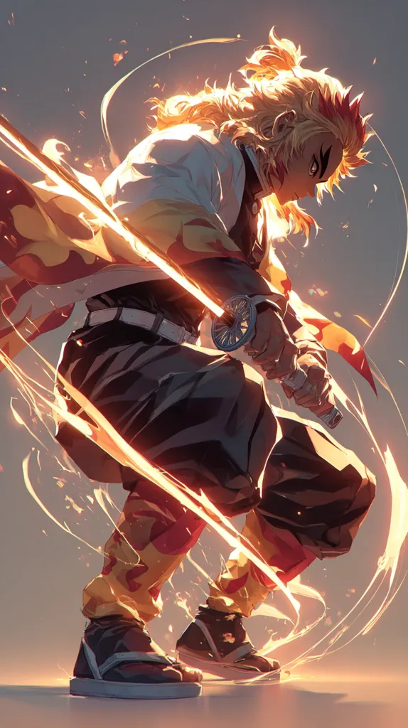 A dynamic anime-style illustration showcases Kyojuro Rengoku, a Flame Hashira from Demon Slayer.  He's depicted in a powerful stance, his katana ablaze with fiery energy, reflecting his fiery breathing technique.  His flowing blond and red hair adds to the dynamic energy of the piece. The artist uses vibrant colors and motion lines to emphasize the intensity of the moment.