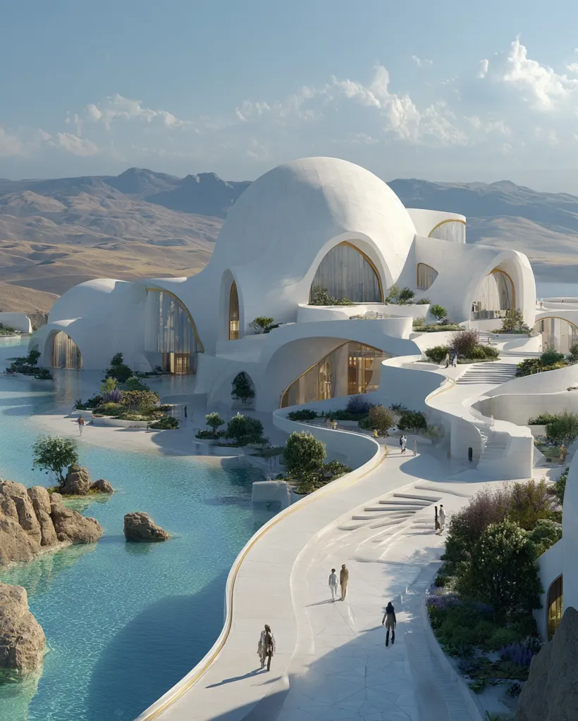 A modern, white architectural marvel sits nestled against a mountainous backdrop.  Its flowing, organic design features domed structures and curved walkways, leading to a tranquil turquoise pool. Lush landscaping integrates seamlessly with the building's design.  People stroll along the paths, enjoying the serene atmosphere of this unique oasis. The scene evokes a sense of luxury and tranquility.