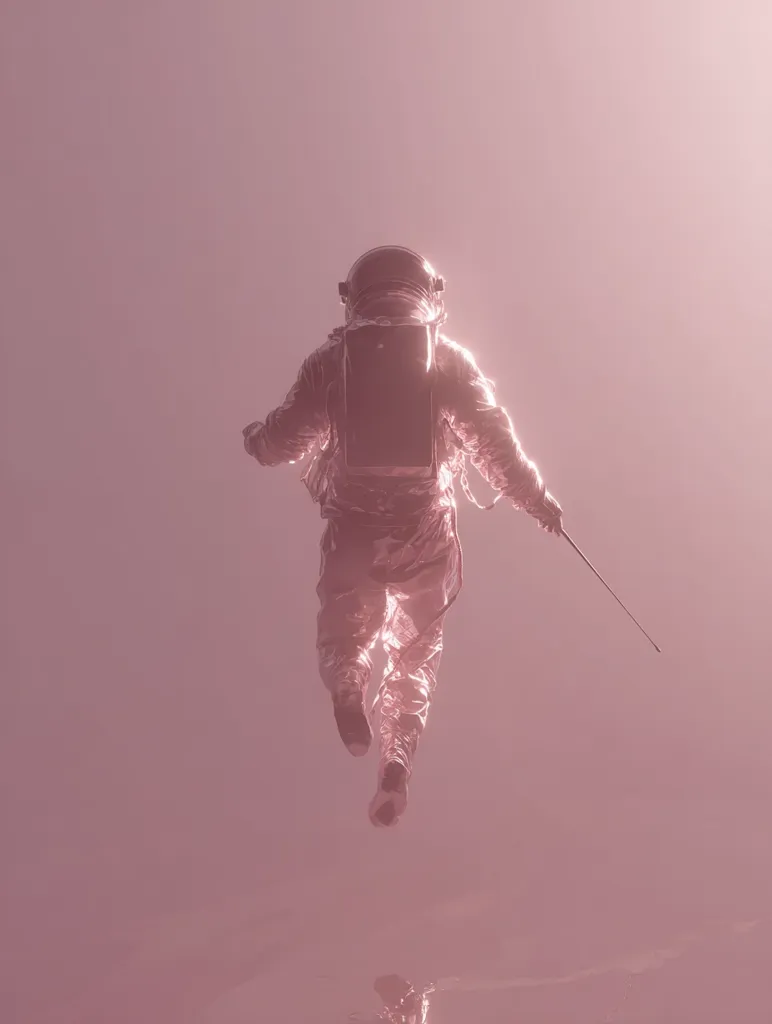 A lone astronaut, viewed from behind, floats in a hazy, pinkish atmosphere.  The astronaut's suit is a metallic, rose-gold hue, and a long, thin object extends from their hand.  The background is a muted, pastel pink, suggesting a desolate or otherworldly landscape. The overall impression is one of isolation and quiet contemplation.