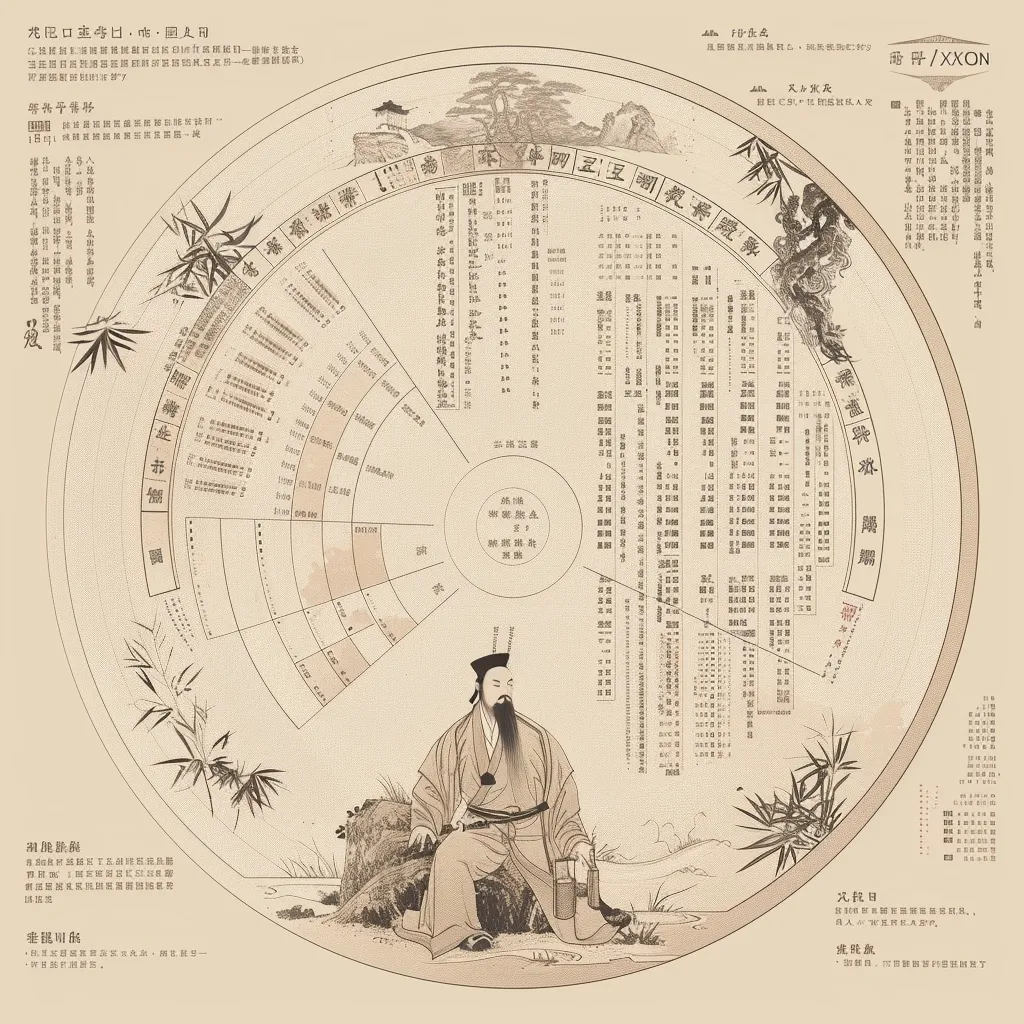 This circular chart, possibly a Chinese calendar or almanac, features intricate details.  A central illustration depicts a seated figure, possibly a scholar or official, in traditional attire. The surrounding circular segments contain dense text and smaller illustrations, suggesting a complex system of records or calculations related to time, events, or perhaps astrology.  The overall style is reminiscent of classical East Asian art.