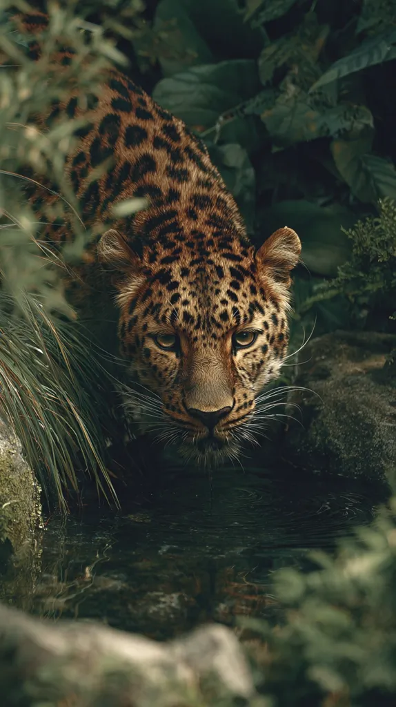 A leopard, its coat a tapestry of dark rosettes against a tawny background, peers intently from behind lush greenery at a calm, dark pool of water.  The low light enhances the animal's intense gaze and the rich textures of its fur and the surrounding foliage. The scene evokes a sense of mystery and the wild beauty of its jungle habitat.