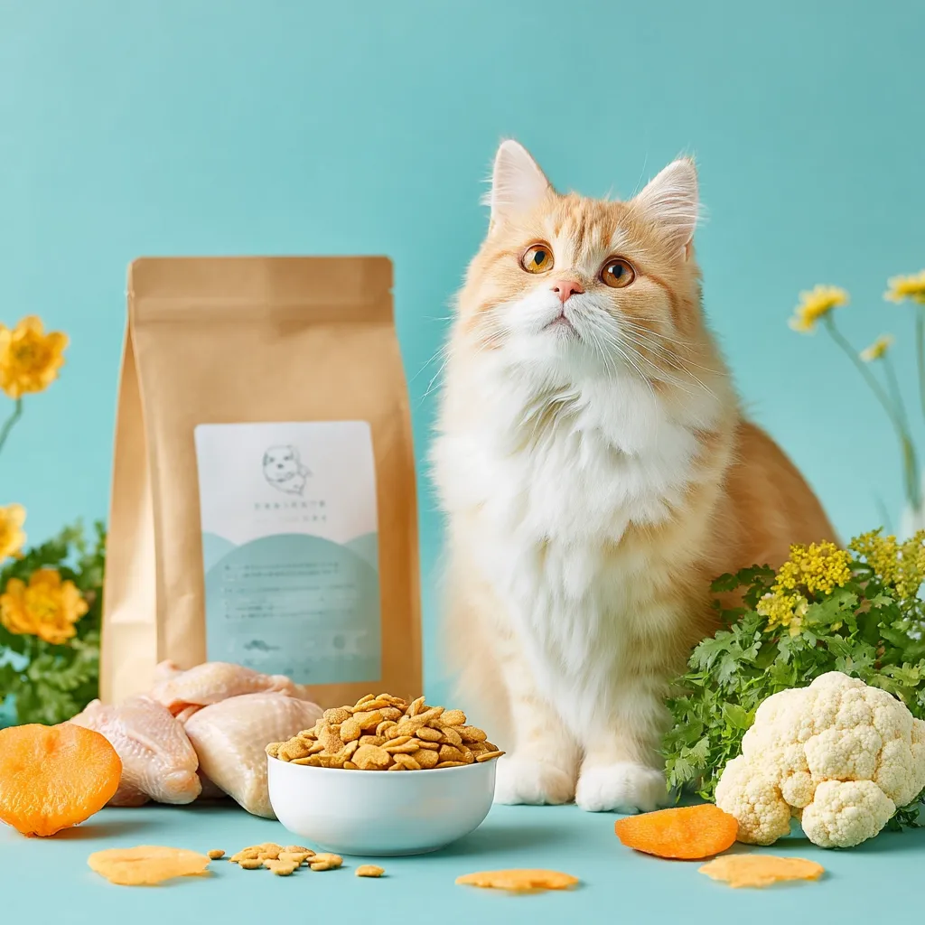 A fluffy long-haired orange and white cat sits attentively beside a bowl of cat food.  A bag of cat food is in the background, along with pieces of chicken, carrots, and cauliflower.  The scene is styled with pastel colors and fresh herbs, creating a visually appealing and healthy image promoting pet food.