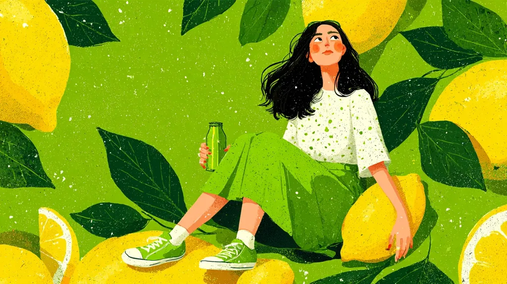 A young woman with long dark hair sits amidst a vibrant display of lemons and lush green leaves.  She's dressed in a green skirt and white polka-dot top, holding a green bottle. The illustration style is textured and slightly painterly, with a cheerful, summery vibe.  The overall scene evokes a feeling of freshness and natural abundance.