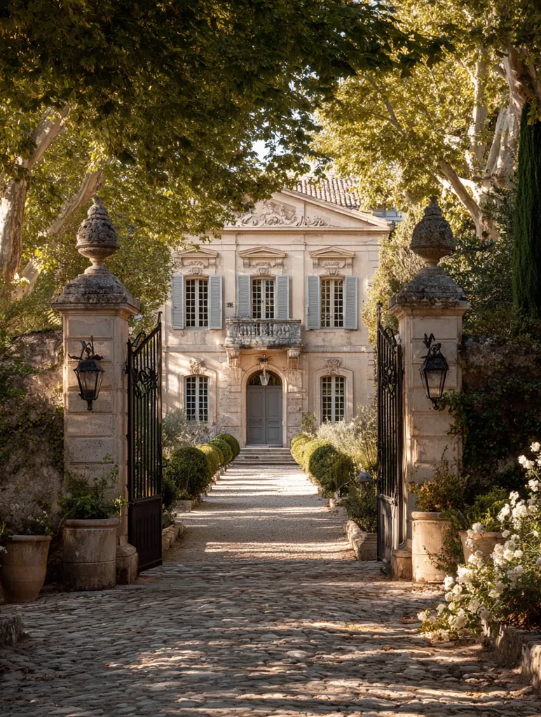 A grand, pale stone manor house is framed by lush green trees and a meticulously landscaped cobblestone driveway.  Ornate stone gates, adorned with lanterns, lead to the house's entrance, which features a central doorway and symmetrical windows with light grey shutters.  The scene is bathed in soft, warm sunlight, creating a serene and idyllic atmosphere.  Neatly trimmed hedges line the driveway, adding to the overall elegance.