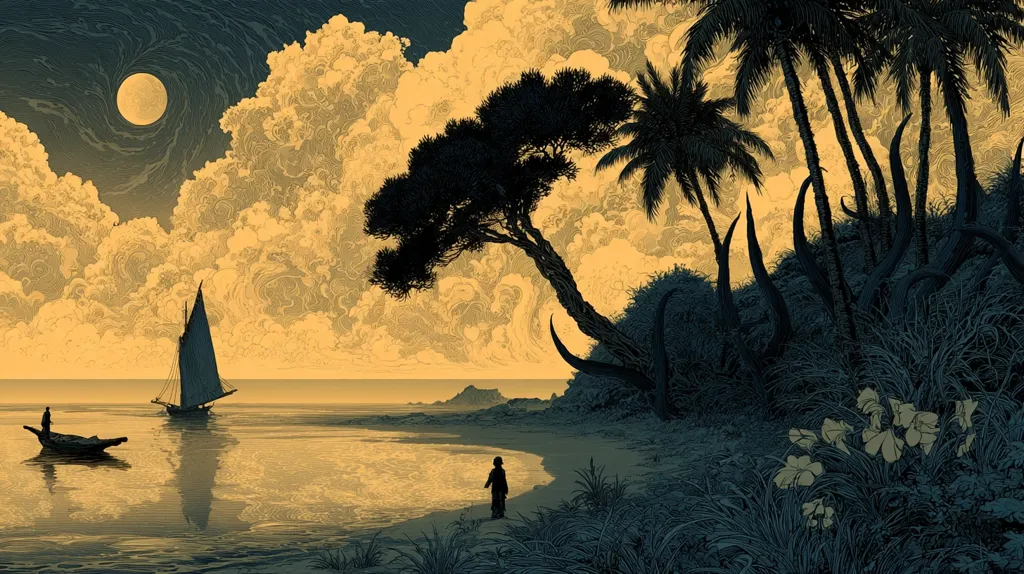 A serene coastal scene under a large, pale moon.  A sailboat glides on calm waters, while a lone figure stands on a sandy beach.  Palm trees and unusual, dark, tentacle-like growths adorn the shoreline.  A small boat with a person is visible in the distance, adding to the peaceful, yet slightly mysterious, atmosphere. The sky is filled with stylized, yellow-toned clouds.