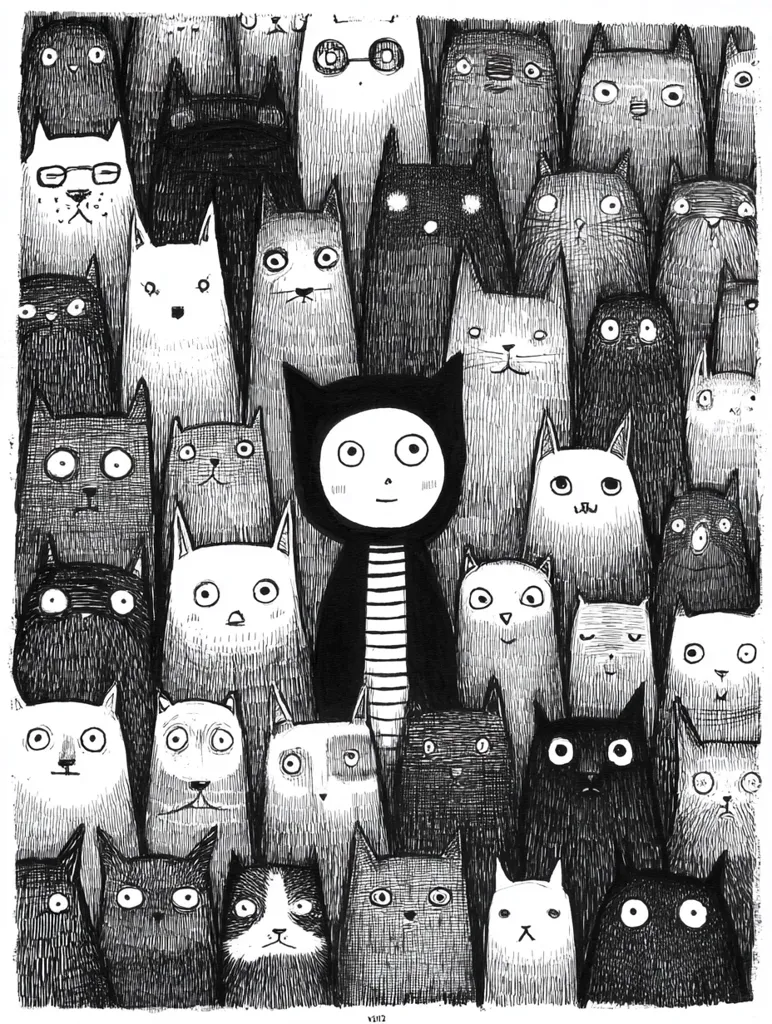 A black and white ink drawing depicts a crowd of cats, each with unique expressions and features.  A central, anthropomorphic cat figure, seemingly dressed in stripes, stands out amongst the sea of feline faces. The style is whimsical and detailed, with heavy use of hatching and cross-hatching to create texture and shading.  The overall effect is a playful, slightly unsettling, yet captivating illustration.