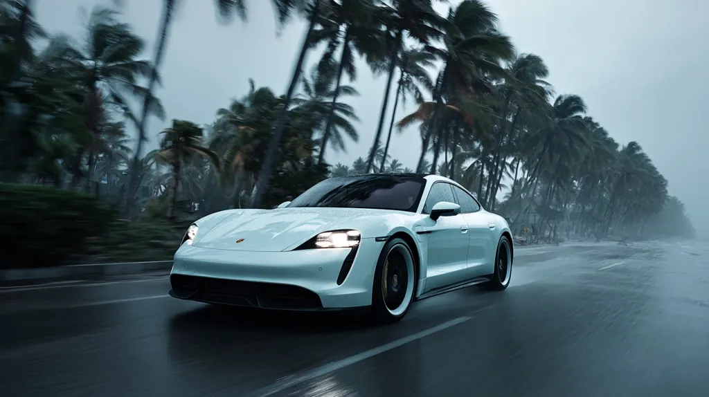 A white Porsche Taycan electric car speeds down a rain-swept coastal road.  Palm trees line the roadside, bending under strong winds.  The scene is dramatic, with the car appearing powerful and sleek against the stormy backdrop.  Rain streaks the car's surface and the road is glistening wet.