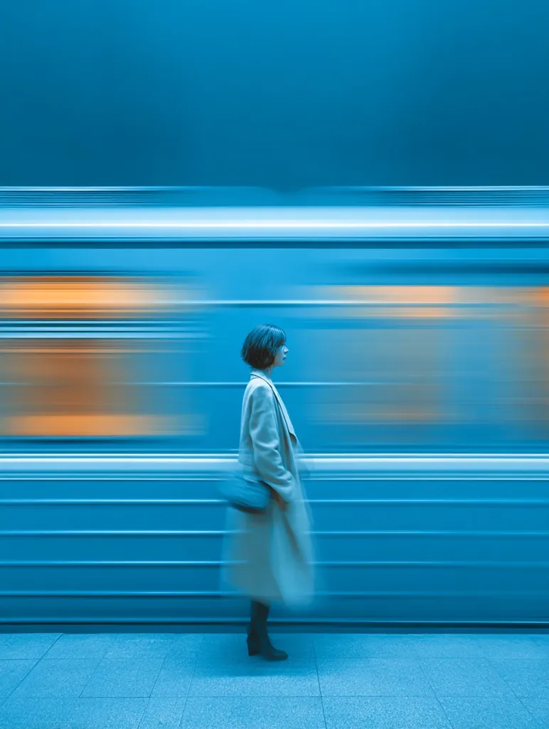 A woman in a long beige coat stands on a subway platform, her form slightly blurred.  A rapidly moving train, a vibrant blue streak, dominates the background. The image evokes a sense of motion and stillness, contrasting the fleeting nature of the train with the woman's quiet observation. The overall color palette is cool and muted, enhancing the atmospheric mood.