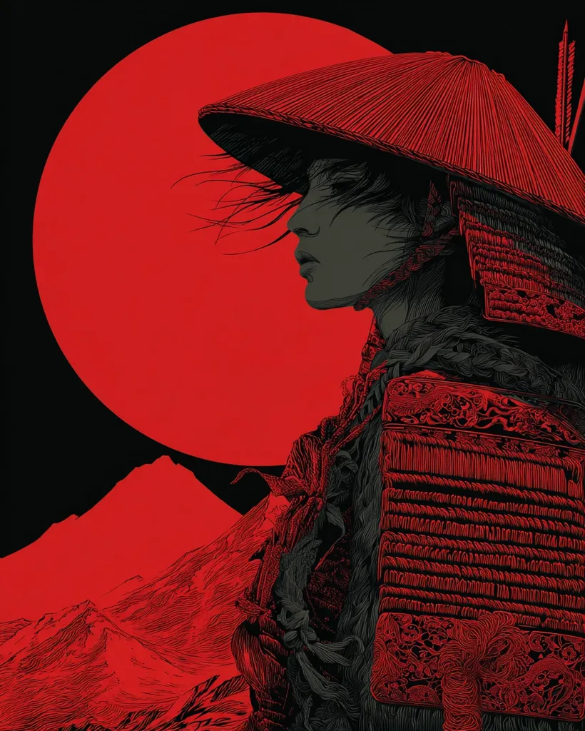 A striking illustration in red and black depicts a female samurai in profile against a large red sun and mountainous landscape.  Her intricately detailed armor and flowing hair are rendered with meticulous linework, creating a dramatic and evocative image reminiscent of traditional Japanese woodblock prints. The stark contrast of colors and the subject's resolute posture convey a sense of strength and quiet contemplation.