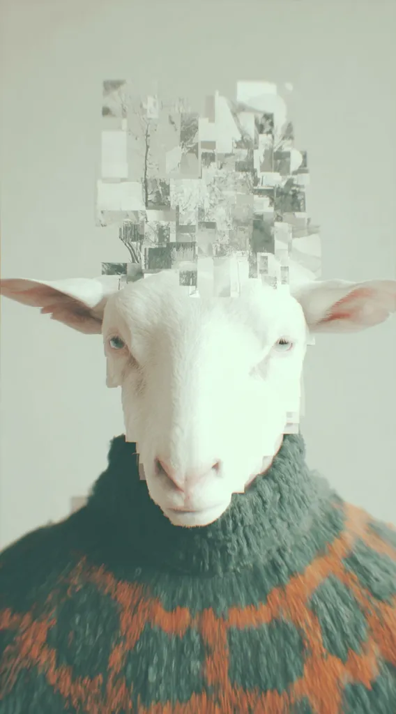 A surreal image depicts a sheep's head seamlessly merging with a human torso clad in a dark green and orange patterned sweater.  Above the sheep's head, a fragmented, pixelized image resembling a landscape or cityscape creates a disorienting effect. The overall tone is muted and somewhat melancholic, suggesting a blend of the natural and artificial.