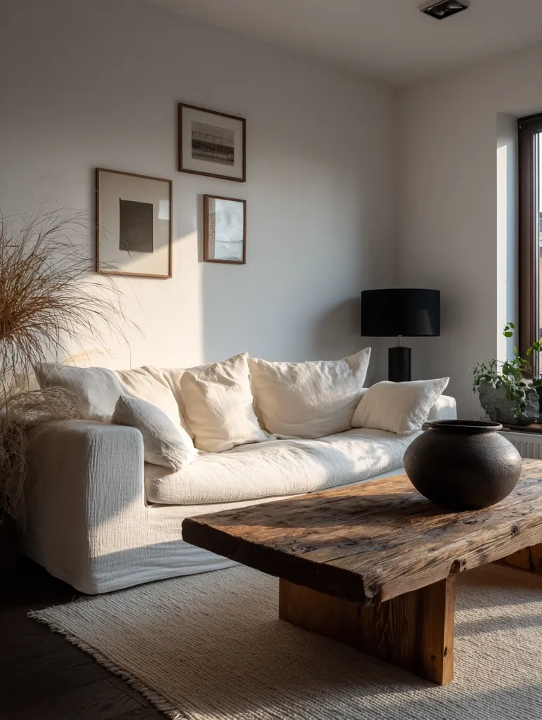 A sunlit living room features a large off-white linen sofa, complemented by a rustic wooden coffee table.  A dark, earthenware pot sits on the table, adding a touch of texture.  Neutral-toned artwork adorns the walls, contributing to the calm and minimalist aesthetic.  A light beige rug anchors the seating area, creating a serene and inviting space.  A tall plant and a simple lamp complete the scene.