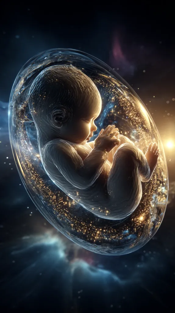 A digital artwork depicts a fetus nestled within a translucent, orb-like structure.  The orb is filled with swirling galaxies of light, suggesting a cosmic womb. The baby is rendered with delicate detail, its form glowing softly against the dark backdrop of space. The image evokes a sense of wonder and the mystery of creation, hinting at a connection between life and the universe.