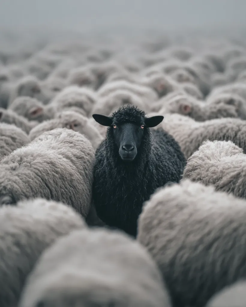A single black sheep stands out amongst a large flock of light gray sheep.  The black sheep is positioned centrally, its dark wool contrasting sharply with the surrounding lighter wool. The flock is blurred in the background, emphasizing the black sheep's isolation and individuality. The image evokes feelings of difference and standing apart from the crowd.