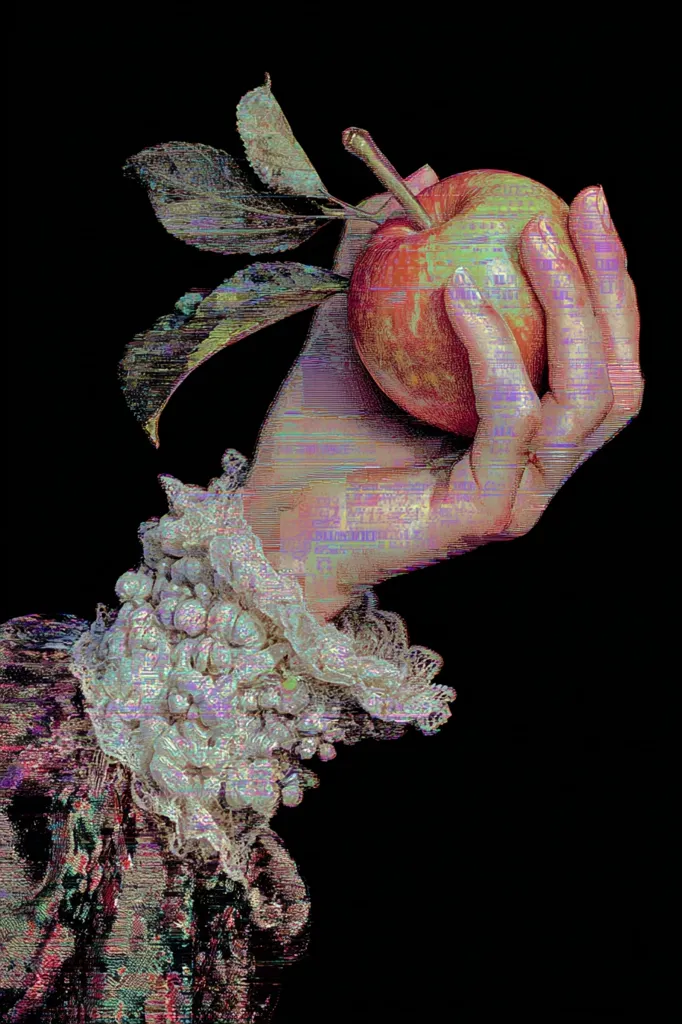 A hand, adorned with a lacy, iridescent cuff, gently holds a ripe red apple with its stem and leaves intact. The image is stylized with a digital glitch effect, creating a surreal and slightly distorted aesthetic.  The dark background emphasizes the hand and apple, which are the focal points.  The overall impression is one of both delicate beauty and subtle unease.