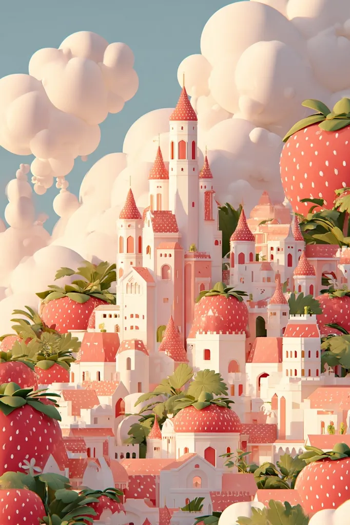 A whimsical village nestled amongst giant strawberries sits on a fluffy cloud landscape.  The buildings are pastel pink and white, resembling a fairytale castle and smaller houses.  The overall style is dreamy and surreal, evoking a childlike sense of wonder.  Soft, pastel colors and a sunlit sky create a peaceful and enchanting scene.