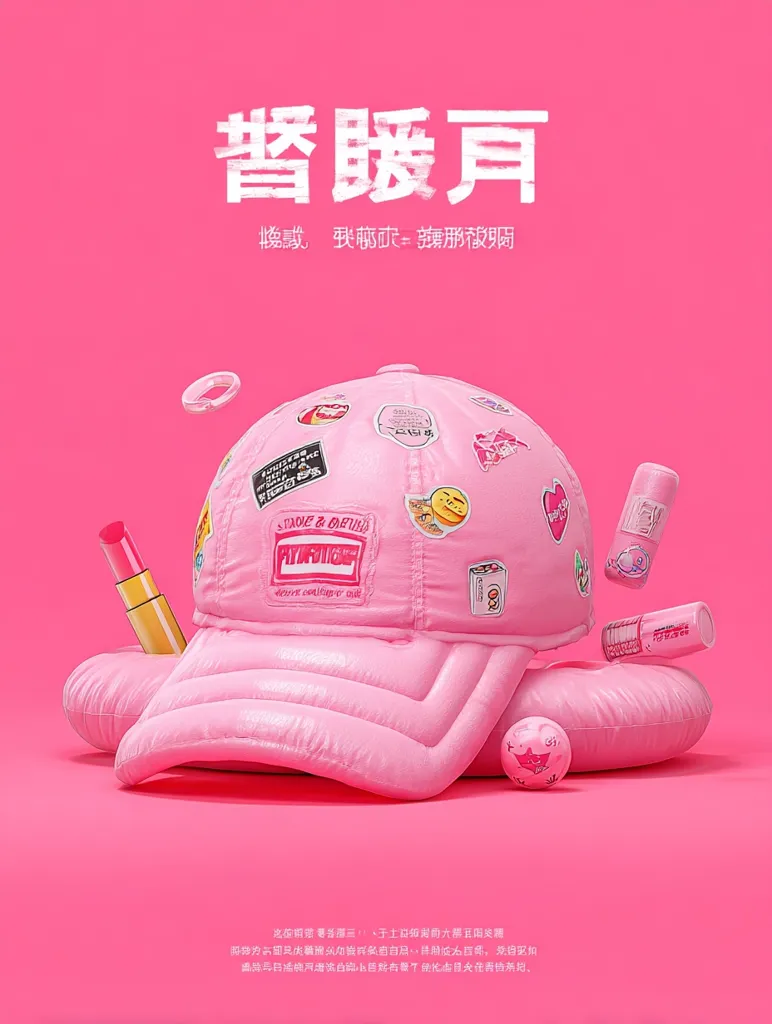 A pink baseball cap, adorned with various stickers and patches, is the centerpiece of a vibrant pink advertisement.  It rests on a similarly colored inflatable float, surrounded by pink lipstick tubes and other small accessories.  The Chinese characters above suggest a brand name or product title, creating a playful, youthful, and trendy aesthetic.