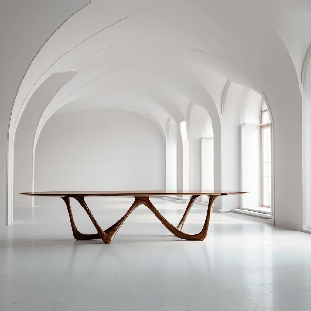 A long, rectangular wooden table with a unique, sculptural base stands in a minimalist, white arched hall. The table's legs are organic and flowing, contrasting the clean lines of the architecture.  The dark wood of the table is highlighted by the bright, spacious room.  Large windows provide soft natural light. The overall aesthetic is modern and sophisticated.