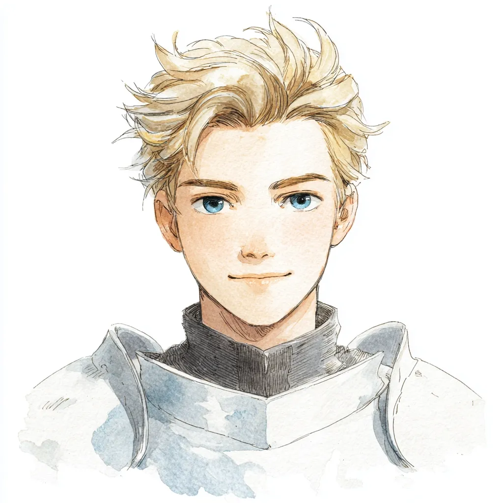 A watercolor painting depicts a young, fair-skinned man with blond, tousled hair and bright blue eyes. He wears a high-necked, dark garment under a light-grey suit of armor.  His expression is pleasant and serene, suggesting a calm and possibly noble demeanor. The artistic style is soft and delicate, emphasizing the subject's youthful features.