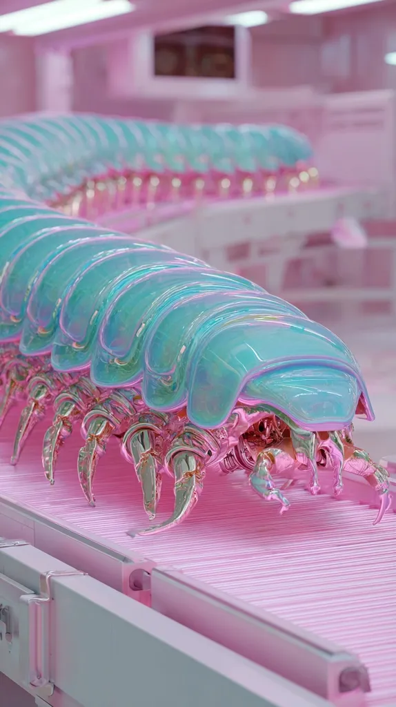 A large, iridescent teal and rose gold robotic centipede moves along a pink conveyor belt in a futuristic, pastel-colored factory.  The centipede's segments are highly polished and reflective, creating a captivating visual effect. The background is blurred, emphasizing the mechanical insect in the foreground. The overall aesthetic is surreal and dreamlike.