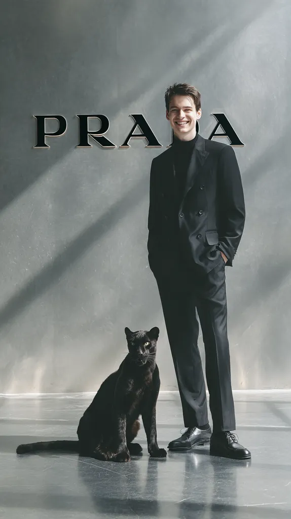 A stylish man in a black suit stands beside a black panther.  The Prada logo is prominently displayed on a grey wall behind them. The man is smiling subtly, and the panther sits calmly, creating a striking monochrome image with a sophisticated and slightly mysterious feel.  The setting appears to be a modern, minimalist interior.
