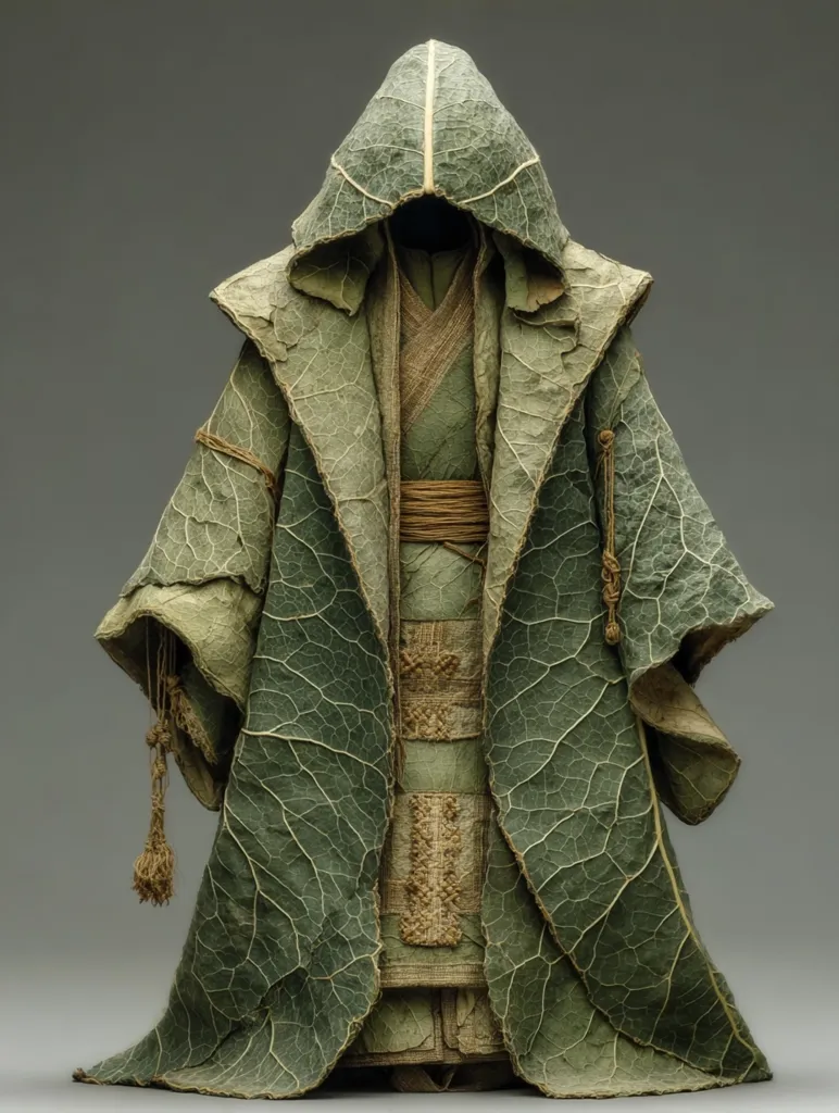 A hooded figure is adorned in a meticulously crafted robe made entirely of dried leaves. The robe's design mimics a traditional, long-sleeved garment, complete with a belted waist and hanging tassels.  The leaves are seamlessly arranged to create the illusion of fabric, showcasing remarkable artistry and attention to detail. The overall effect is one of both mystery and natural beauty.