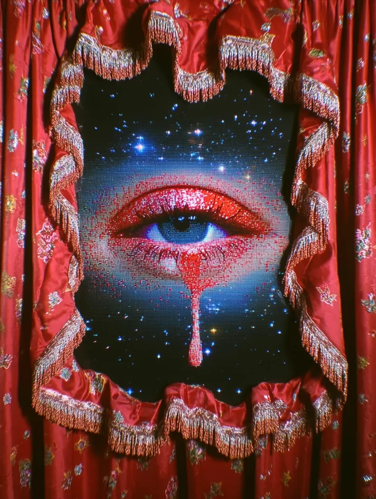 A stylized image shows a close-up of a single eye, partially obscured by red, glittering lips, framed within a screen that depicts a starry night sky. The eye and lips are rendered with a digital, almost pixelated effect. This image is presented within a dark red, ornate curtain with decorative fringe, suggesting a theatrical setting or a glimpse behind the veil.  The overall mood is surreal and enigmatic.