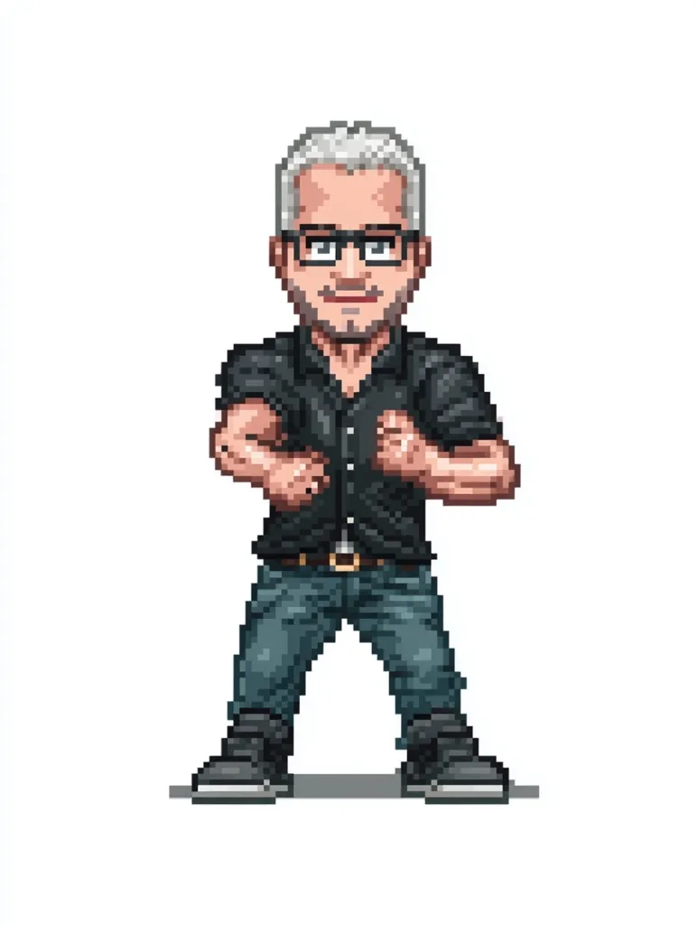 A pixel art depiction of a man with short, graying hair, glasses, and a slightly smug expression. He's wearing a black collared shirt, jeans, and dark shoes. His arms are bent, fists clenched, suggesting a confident or possibly defiant posture. The style is reminiscent of classic 8-bit video game characters. The overall image is clean and sharply defined, with a white background emphasizing the pixelated figure.