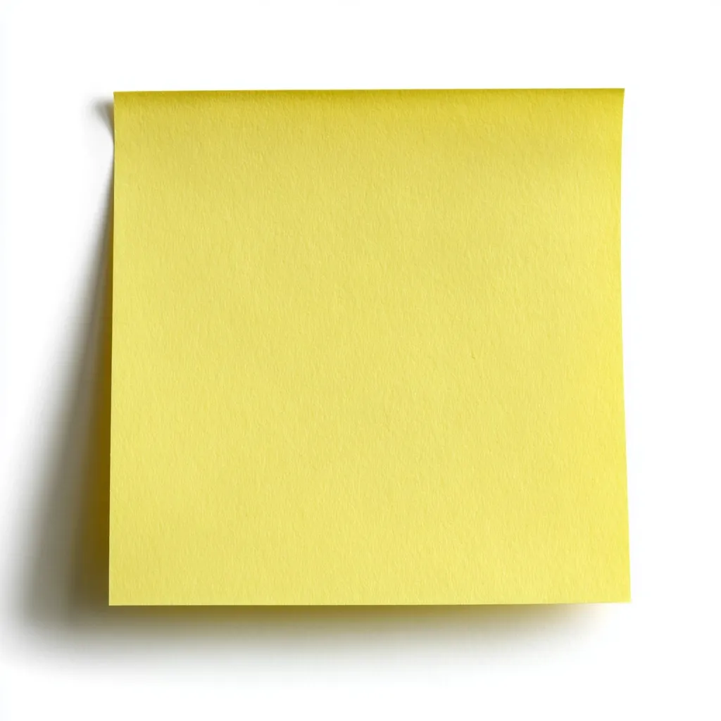 A blank, pale yellow sticky note is shown against a white background.  The note is slightly curled at the top edge, casting a subtle shadow.  It's a standard rectangular shape, ready for writing or drawing. The texture of the paper appears smooth.