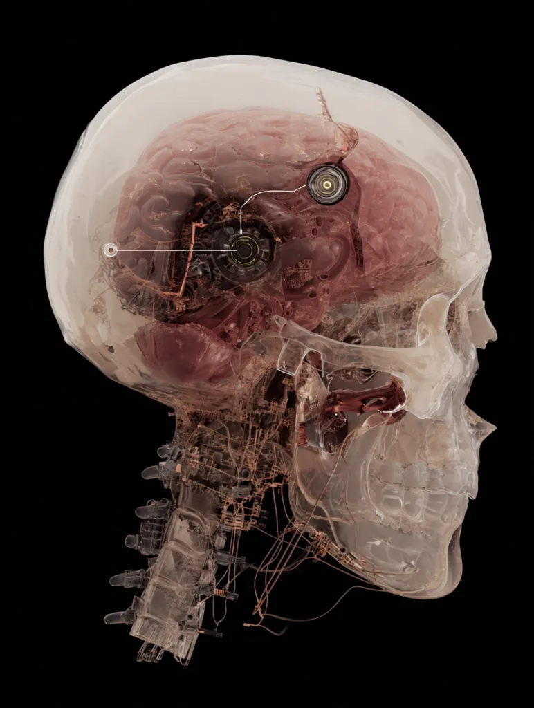 A transparent skull reveals a human brain with integrated mechanical components.  Thin wires connect two circular devices implanted within the brain to a complex system extending down the neck.  The image suggests a futuristic concept of brain-computer interface or cybernetic augmentation, showcasing a blend of organic and technological elements. The overall tone is both scientific and slightly unsettling.