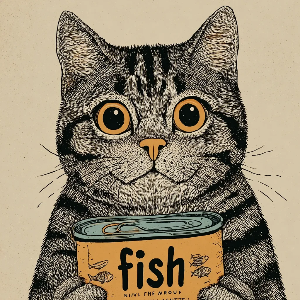 A charming illustration showcases a grey tabby cat with large, expressive orange eyes.  The cat holds a can of fish, the label clearly displaying "fish" in stylized lettering. The drawing style is reminiscent of vintage etchings, creating a nostalgic and endearing image. The cat's contented expression perfectly complements the theme of its favorite meal.