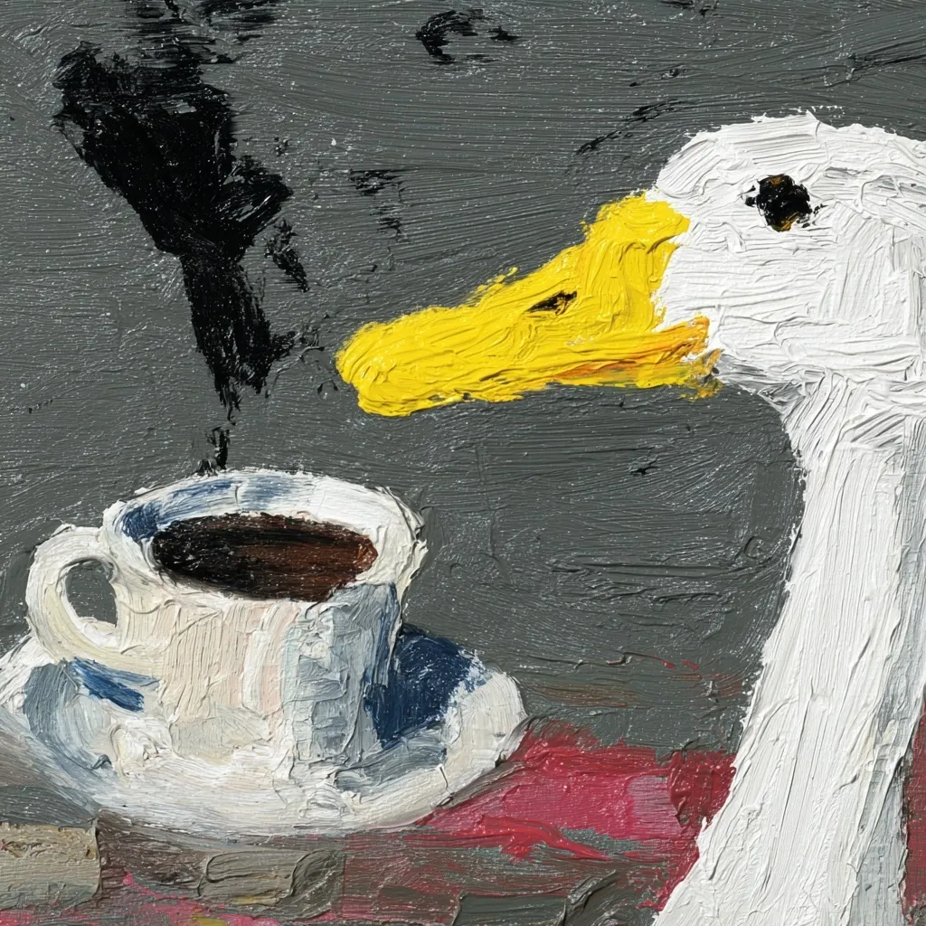 A vibrant oil painting depicts a white goose with a bright yellow beak observing a cup of coffee on a saucer.  The style is impasto, with thick, visible brushstrokes. The background is a dark grey, contrasting with the goose and the lighter tones of the coffee cup and saucer.  A suggestion of steam rises from the coffee. The scene is painted with a playful, expressive touch.