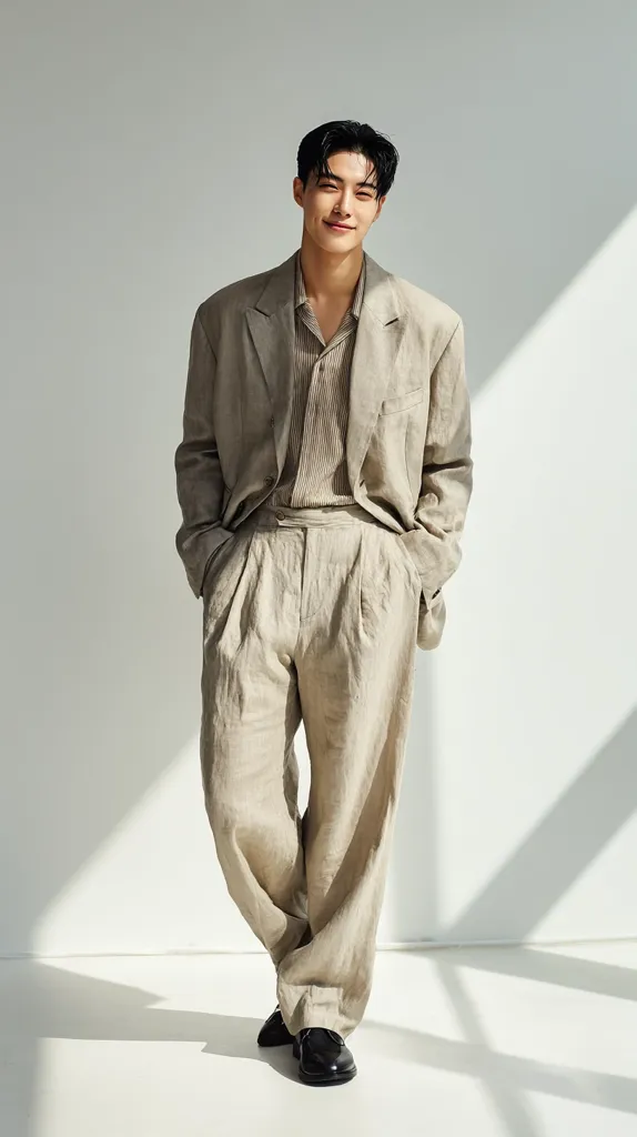 A young man with dark hair smiles gently. He's dressed in a light beige linen suit, the jacket casually draped open over a subtly striped shirt.  The wide-legged trousers fall loosely, creating a relaxed yet sophisticated look.  He wears simple black shoes, completing the minimalist, stylish ensemble. The setting is a bright, minimalist white room with soft sunlight casting shadows.