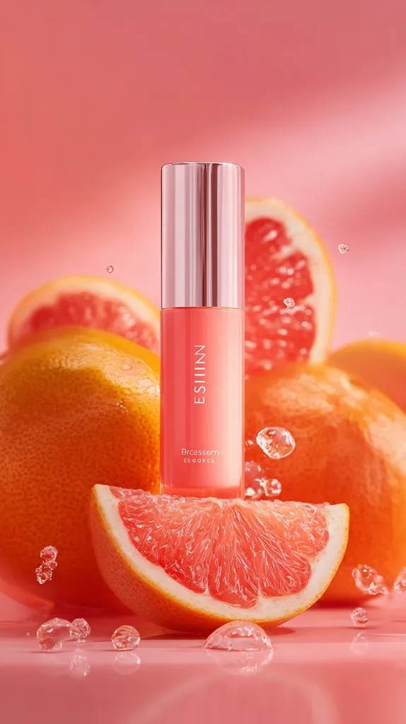 A bottle of Esliin Processem Leborce is displayed against a backdrop of vibrant pink grapefruits.  The bottle's rose gold cap and coral-colored contents complement the juicy citrus fruit.  Water droplets surround the product, enhancing the refreshing and clean aesthetic. The overall image is bright, clean, and evokes a feeling of freshness and vitality.