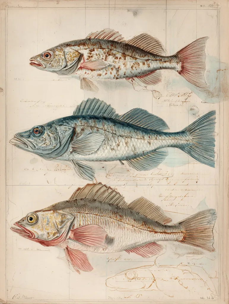 A vintage illustration depicts three meticulously detailed fish, rendered in watercolor and pen.  Each fish is presented from a slightly different angle, showcasing their scales and fins.  The artist's annotations and sketches are visible on the parchment-like background, suggesting a scientific or artistic study of the species. The overall style is delicate and precise, reflecting a keen observation of natural forms.