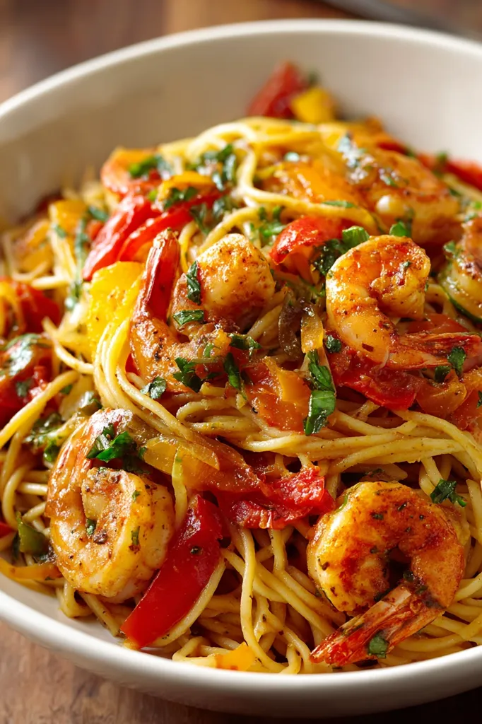 A close-up shot of a vibrant pasta dish.  Golden-brown spaghetti is tossed with succulent, seasoned shrimp, colorful bell peppers (red, orange, yellow), and fresh basil.  The pasta is coated in a rich, flavorful sauce, creating a mouthwatering image of a delicious and satisfying meal.